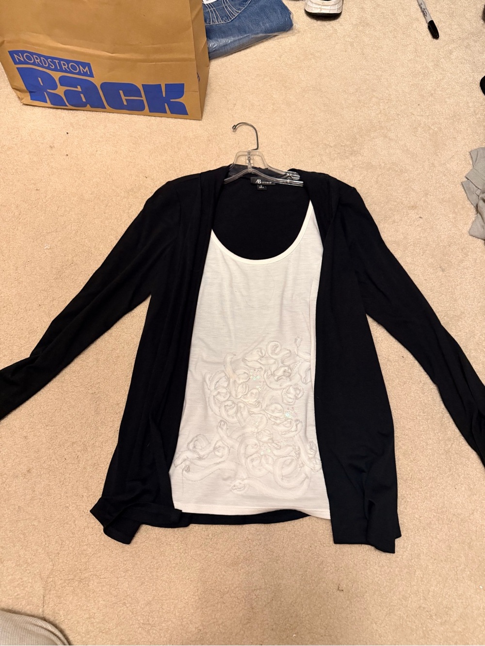 AB Studio Black Open-Front Cardigan with attached White Embroidered Tank Top
